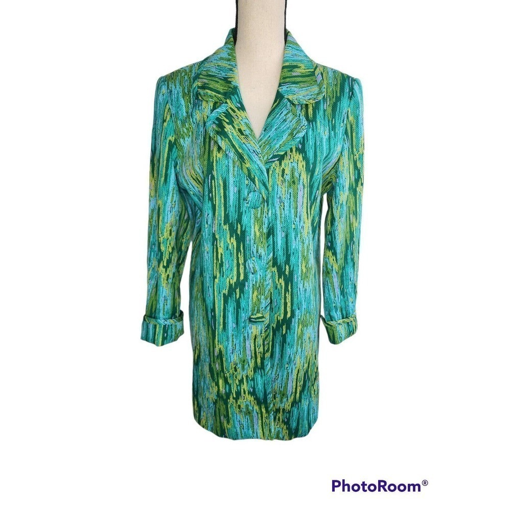 Bob Mackie Wearable Art Green Yellow Abstract Long Line Blazer Jacket Size M